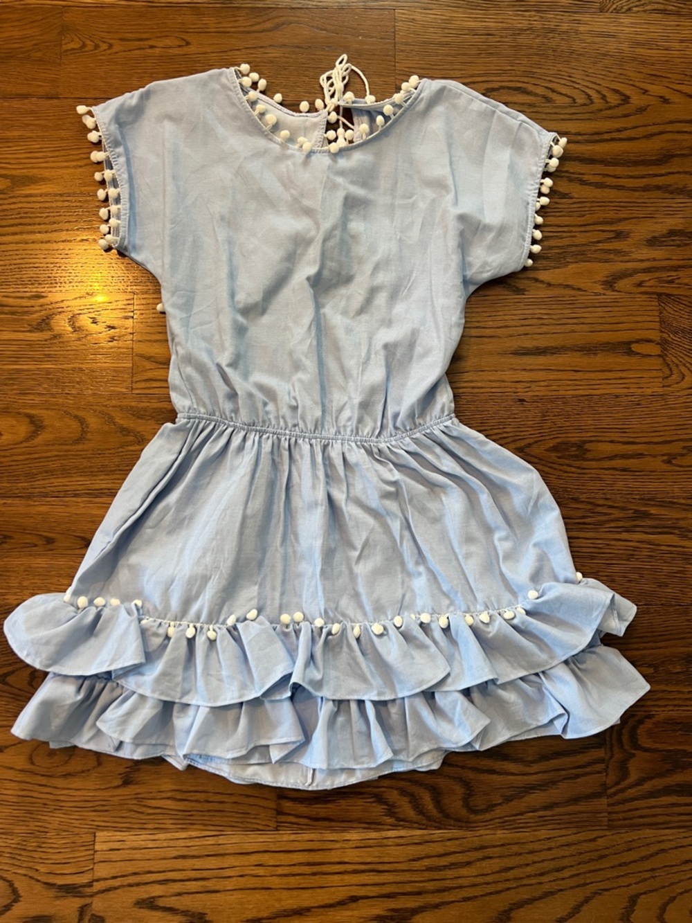 Light Blue Pom-Pom Tiered Ruffle Dress